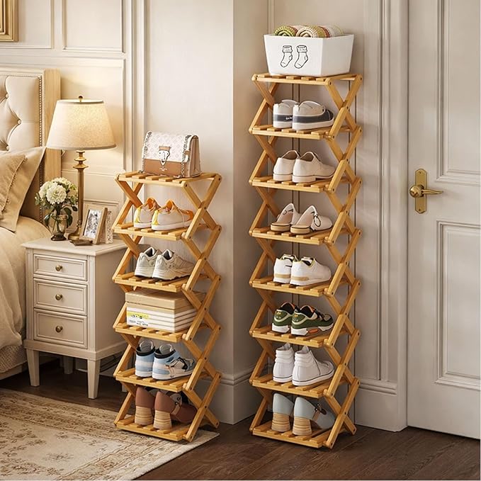 The 9-Tier No-Assembly Bamboo Rack, 2026 Upgraded Foldable 9 Tier Bamboo Corner Shoe Rack, Space-Saving Organizer for Shoes, No Assembly Narrow Shoe Shelf for Entryway Closet Dorm (Brown, 5 Layers)