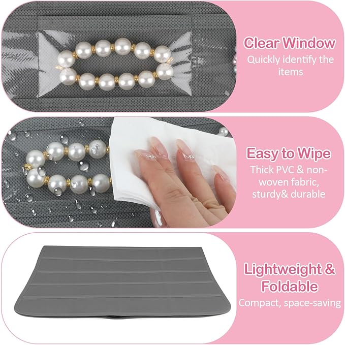 Hanging Jewelry Organizer for Closet with Swiveling Hanger, 17 x 30 In, 80 Clear Pockets Jewelry Organizer Hanging for Jewelries, Earrings, Accessories (Beige) (2, Gray)