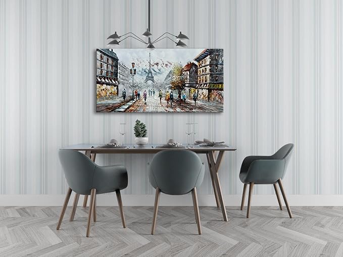 Alenoss Modern Oil Paintings on Canvas Wall Art, Paris Eiffel Tower Landscape Abstract Paintings for Living Room Bedroom Office Wall Decor 48x24 Inches, Ready to Hang