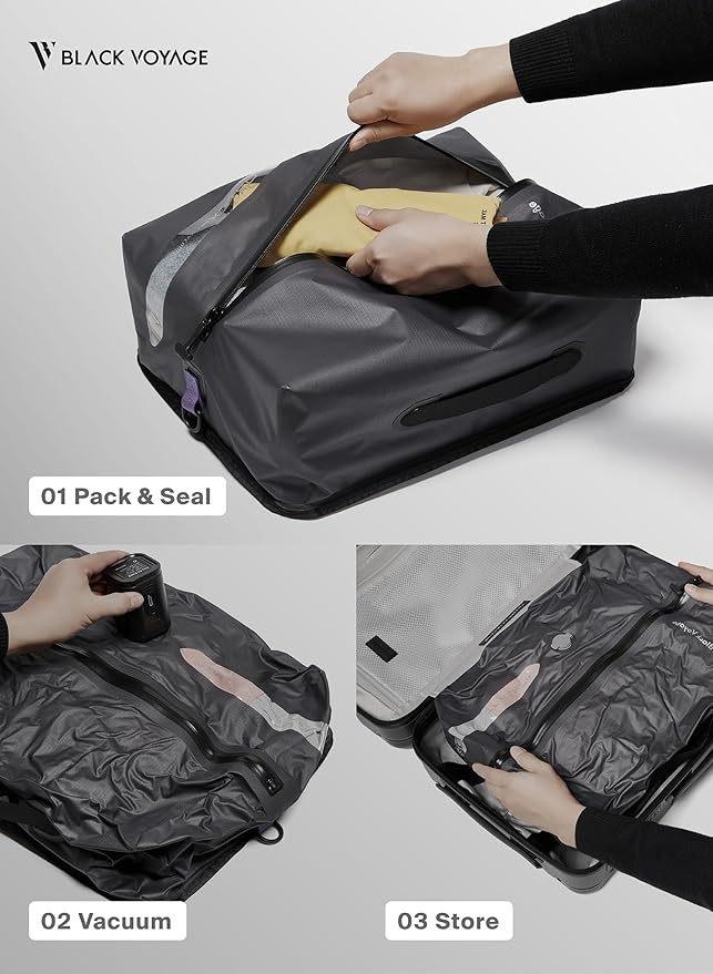Black Voyage Reusable Vacuum Compression Travel Bag for Carry-On Suitcase and Backpack, Recycled IP67 Waterproof Space Saver Vacpack (2-Pack, 18L - No Pump)