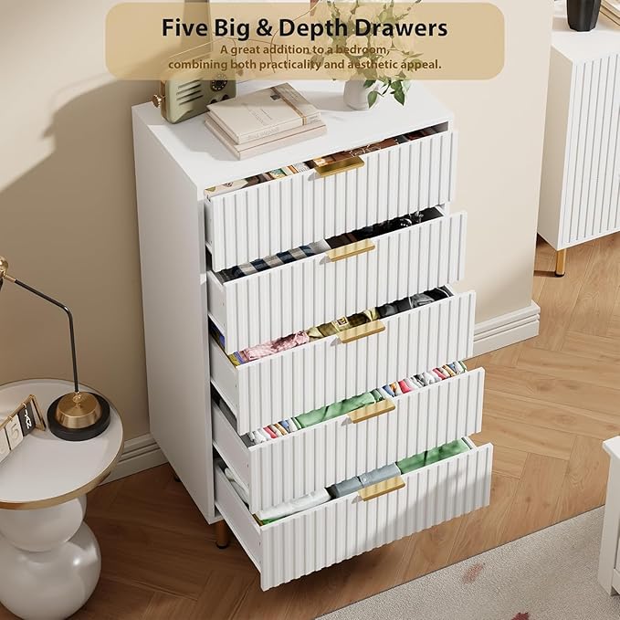 GarveeHome Fluted 5 Drawer Dresser for Bedroom, 48 in Tall Modern Chest of Drawers with Deep Drawers and Wide Top, Wooden Dresser Organizer for Living Room, Hallway, Kids Room, White