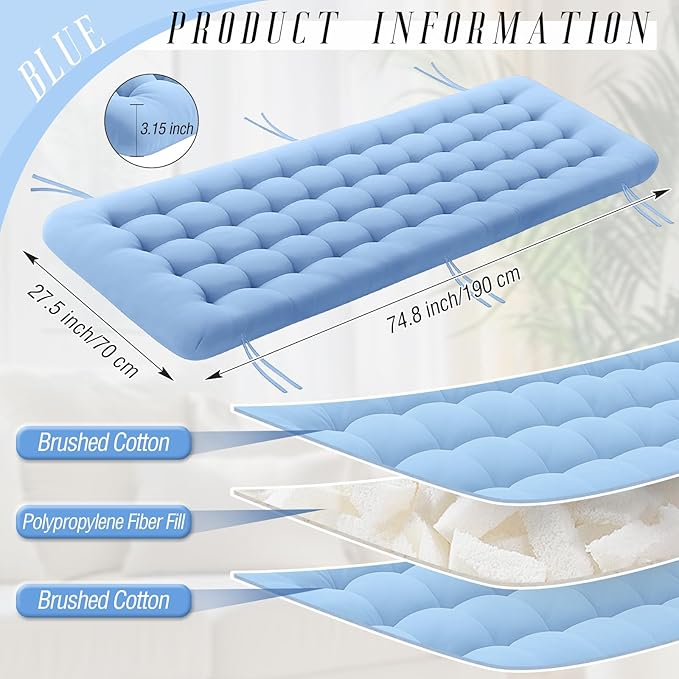 Long Floor Cushion Large Floor Cushion with Brushed Cotton 74.8 x 27.5 x 3.15 in Jumbo Lounger Pillow for Outdoor Indoor Bay Window Meditation Yoga Reading Sleeping(1 Pc,Light Blue)