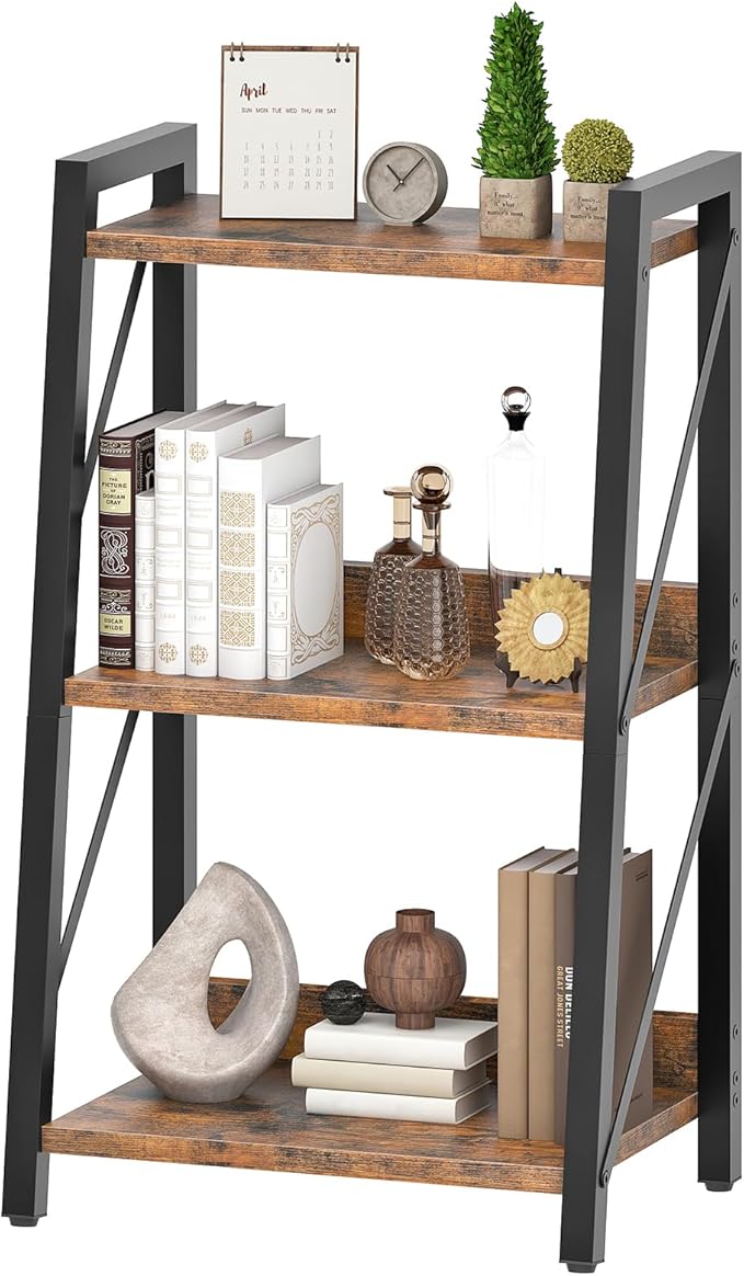 HOOBRO Ladder Shelf, 3-Tier Bookshelf, Corner Bookcase, Freestanding Storage Shelf Display Organizer, for Living Room, Bedroom, Home Office, Kitchen, Rustic Brown and Black BF303CJ01