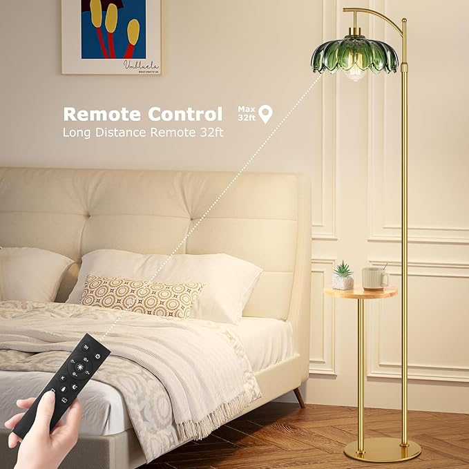 Glass Floor Lamp with Table and Shelves for Living Room Bedroom,Gold Standing Lamp with Remote Dimmable,Boho Brass Tall Lamp Vintage Farmhouse Arc Green Flower Floor Light Bohemian