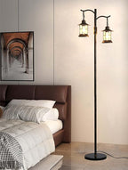 Industrial,Vintage Dimmable Floor Lamp,2 Classical Lanterns Standing Lamp, Rustic Farmhouse Floor Lamp with Bronze Gold Finish, for Living Room Bedroom (Bronze-B-Style)