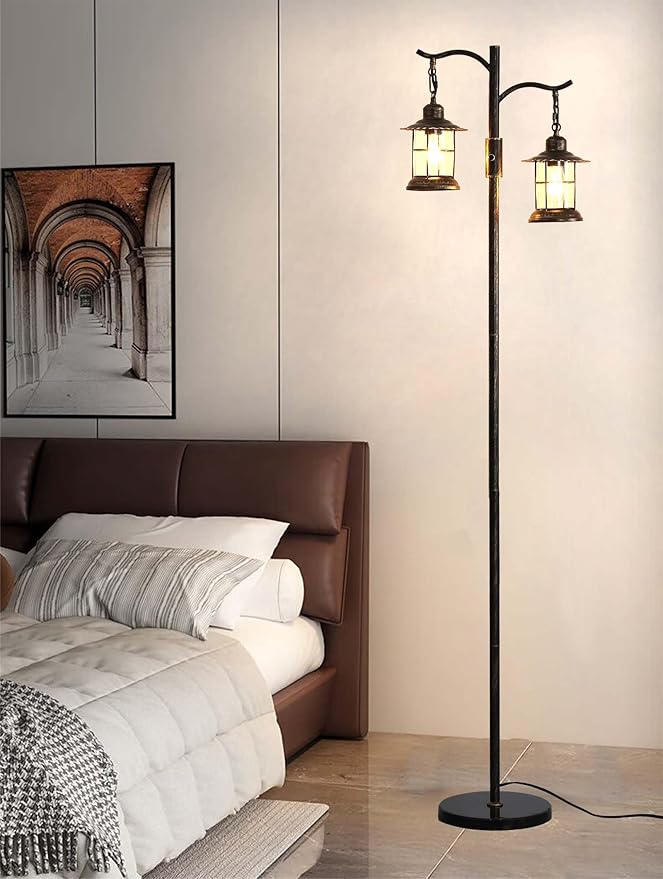 Industrial,Vintage Dimmable Floor Lamp,2 Classical Lanterns Standing Lamp, Rustic Farmhouse Floor Lamp with Bronze Gold Finish, for Living Room Bedroom (Bronze-B-Style)