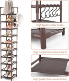 Tall Shoe Rack 10-Tier Narrow Shoe Shelf Storage for 10-15 Pairs Shoe and Boot, Sturdy Shoe Storage Space Saving Corner Shoe Rack Organizer for Closet, Entryway, Living Room, Brown