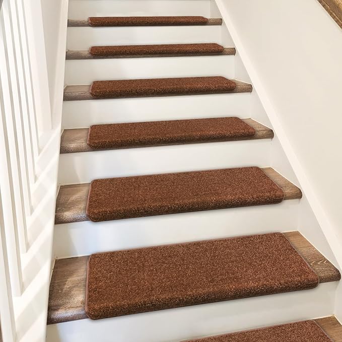 PURE ERA Bullnose Carpet Stair Treads Set Tape Free Non-Slip Indoor Stair Protectors Pet Friendly Rugs Covers Soft Skid Resistant Washable Reusable 9.5" x 30"(2 Pieces,Brown)