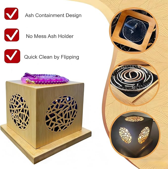 Bamboo Incense Burner & Sage Holder, Multi-Use Incense Holder with Solar & Flameless Candles, Solar LED Ambient/Mood Light, Solar Candle Lights, LED Night Light Bedside Lamp, 8-12H Charging