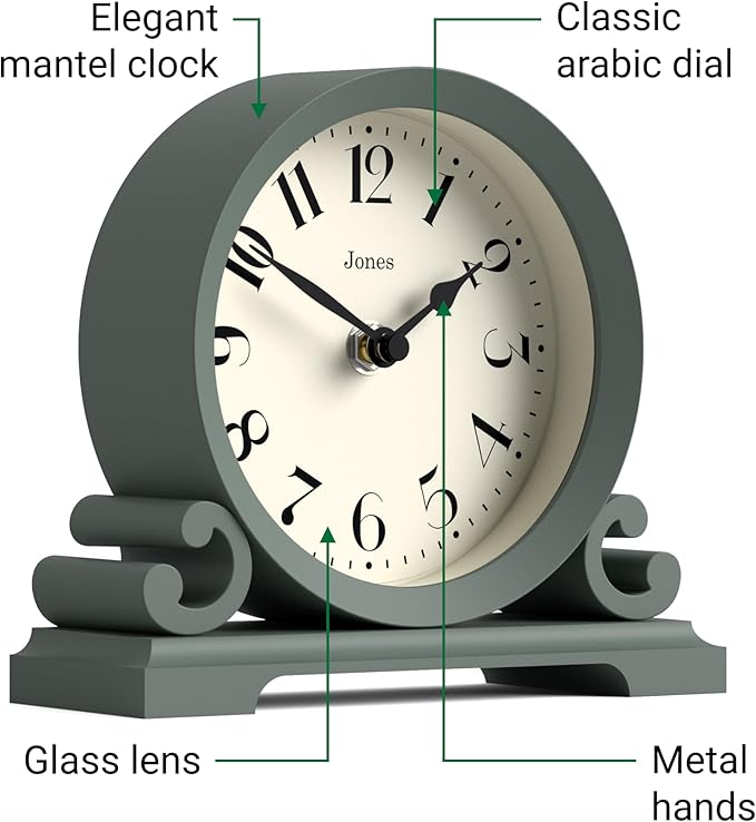 JONES CLOCKS® Saloon Mantel Clock | Traditional Double Scroll Design | Green | Contemporary Classic Style for Desk, Table, Shelf or Bedside
