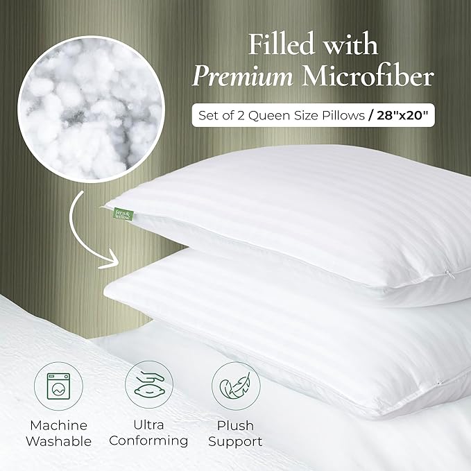 Fern and Willow Premium Queen Size Bed Pillows - Set of 2, 28"x20" - Luxurious Ultra-Soft Cooling Pillow - Hotel Quality, Down Alternative Fill, Medium Firm Support for Side, Back & Stomach Sleepers