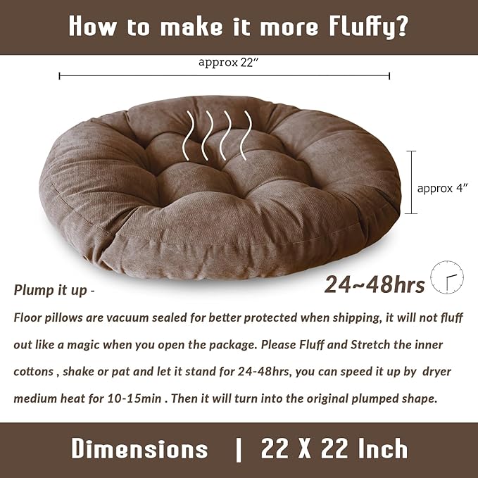 Sexysamba Round Floor Seat Pillows Cushions 22" x 22", Soft Thicken Yoga Meditation Cushion Pouf Tufted Corduroy Tatami Floor Pillow Reading Cushion Chair Pad Casual Seating for Adults & Kids, Coffee
