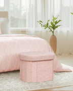 B FSOBEIIALEO Storage Ottoman for Dorm Room, Boucle Folding Storage Ottoman Foot Rest, 16.14 Inches Small Collapsible Ottoman Cube for Living Room Pink