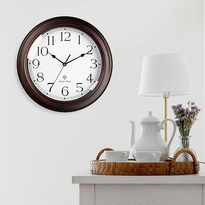 Atomic Wall Clock 10 Inch, Silent Non-Ticking Vintage Clock Battery Operated Classic Analog Decorative for Kitchen, Living Room, Office, Bedroom, Bathroom (Bronze)