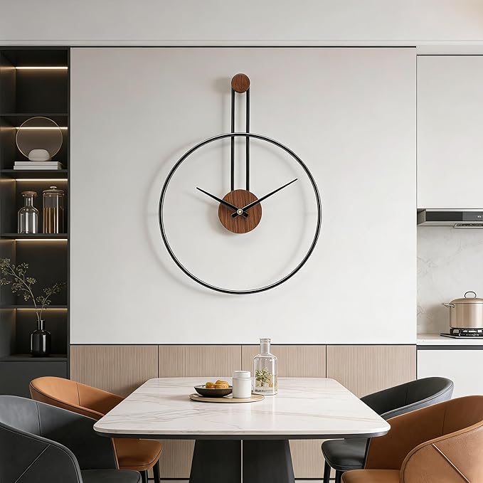 Modern Minimalist Wall Clock, Black Metal Ring and Wooden Face, Natural Style Silent Non-Ticking for Living Room, Bedroom, Office Decor, 21.6"x28.7"