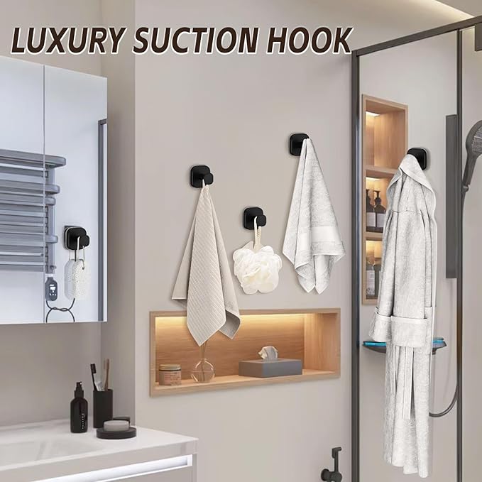 Heavy Duty Reusable Suction Cup Hooks for Kitchen/Bathroom/Shower - Wet-Proof Hooks for Towels, Robes, Loofah&Wreaths/No Drill Mounting on Glass, Tile, Metal (2, Matte Black)