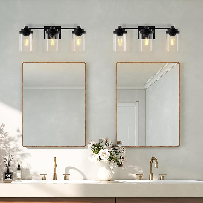 Bathroom Vanity Light Fixture, 3-Light Modern Black Vanity Light Fixtures with Clear Glass Shade, Matte Black Bathroom Light Fixtures Over Mirror, Rustic Restroom Lighting Fixtures