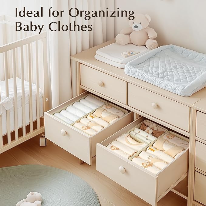 DIMJ Drawer Organizers - Set of 12 Fabric Closet Organizers and Storage, Drawer Dividers for Baby Clothes, Socks, Belt, Tie (Beige)