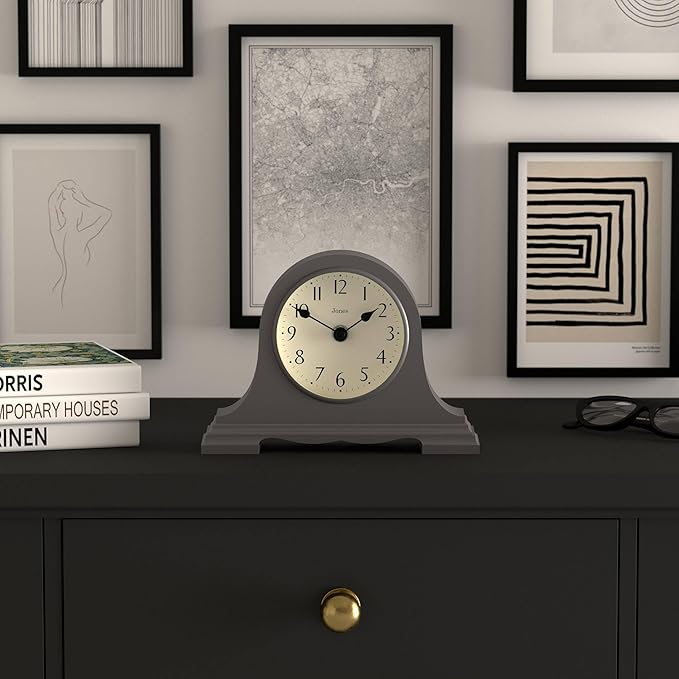 JONES CLOCKS® Speakeasy Mantel Clock | Classic Napoleon’s hat Design | Dark Gray | Contemporary Classic Style for Desk, Table, Shelf or Bedside