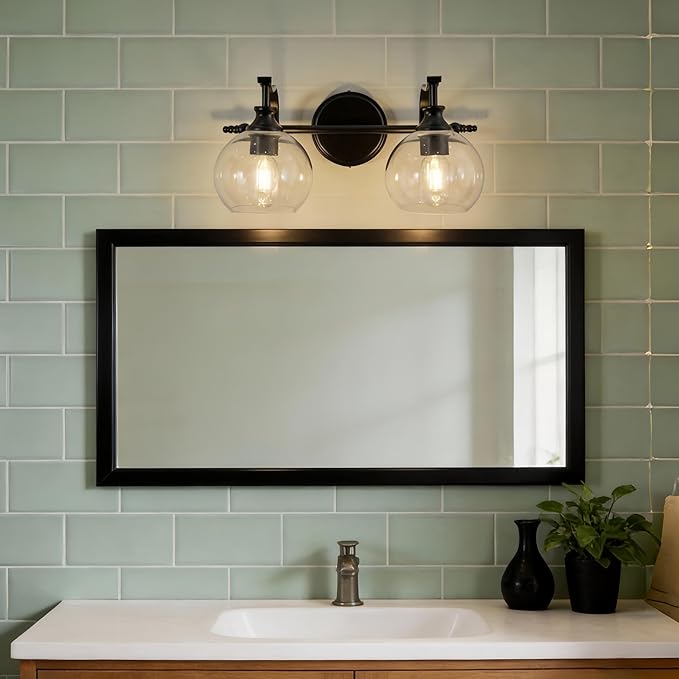 ANDY STAR 2 Light Bathroom Vanity Light, Matte Black Bathroom Light Fixtures, Modern Wall Sconce with Clear Globe Glass Shade, Farmhouse Wall Lamp for Bathroom, Living Room, Hallway, Cabinet, Porch