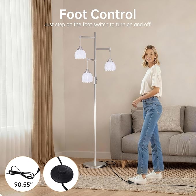 Dimmable Floor Lamp for Living Room, Bedroom, Nickel Standing Lamp with 3pcs 6W Bulbs, Vintage Floor Lamps for Corner, Nursery (White Tulip)