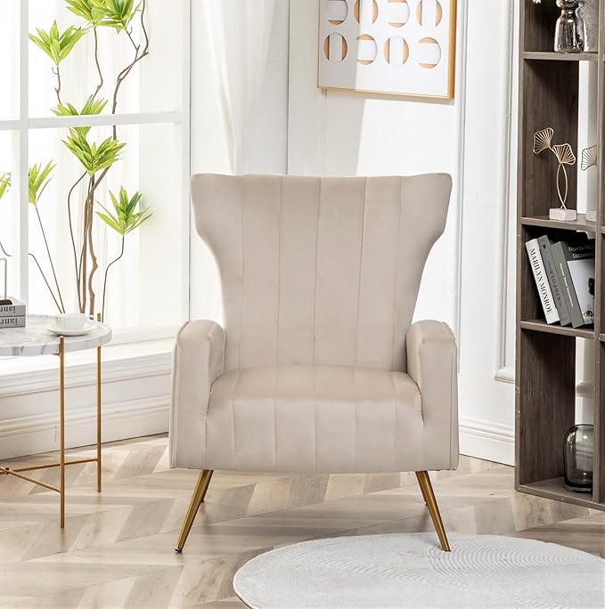 Modern Velvet Accent Chair, Channel Tufted Bedroom, Office or Living Room Furniture with Elegant Metal Legs, 26" Wide Armchair, Beige