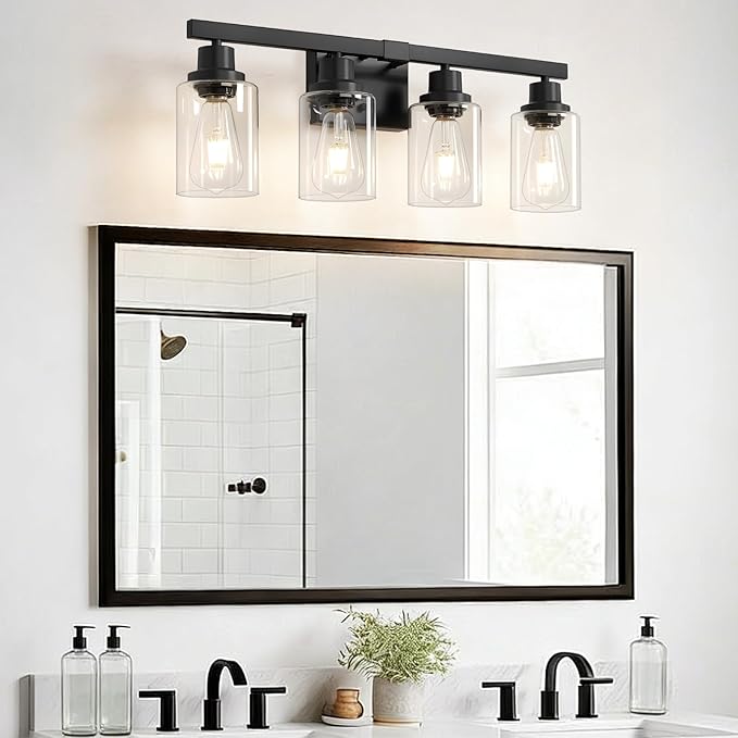 4-Light Bathroom Vanity Light, Modern Matte Black Wall Sconce Lighting with Clear Glass Shade, Bathroom Lighting Fixtures Over Mirror,Vintage Wall Mounted Lamps for Mirror Bedroom,Living Room