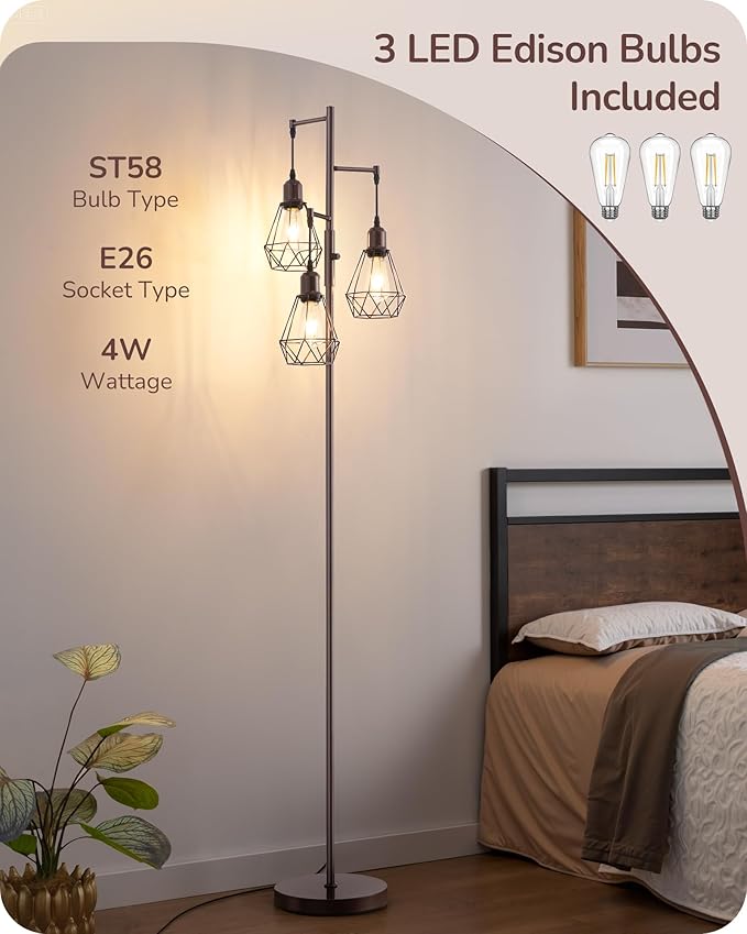 EDISHINE 70IN Industrial Floor Lamps for Living Room, Dimmable Farmhouse Corner Reading Lamp, Diamond-Shaped Lampshade, 3 LED Edison Bulbs Included, Rustic Tree Standing Lamp for Bedroom, Brown