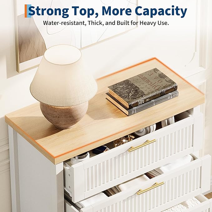 IDEALHOUSE Fluted 4 Drawers Dresser for Bedroom, 35.4" Tall Chest of Dressers for Closet, 4 Fluted Drawers with Metal Handle, Clothes Storage Cabinet for Bedroom, Nursery, Living Room, White