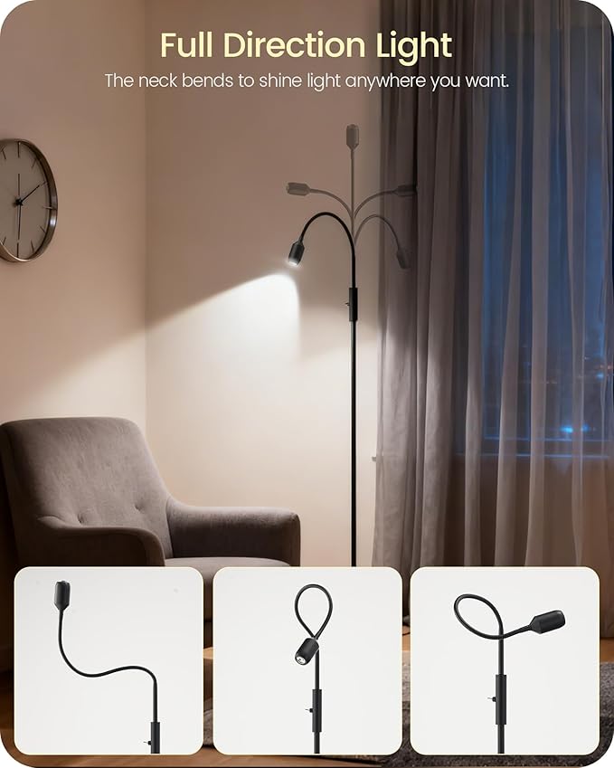 Reading Floor Lamp, 74.2" Tall LED Lamp with, 360° Flexible Gooseneck & Touch Control, 5000K 6W LED, Sturdy Base, Crafts Standing Lamp, for Reading, Living Room, Matte Black B16LD05