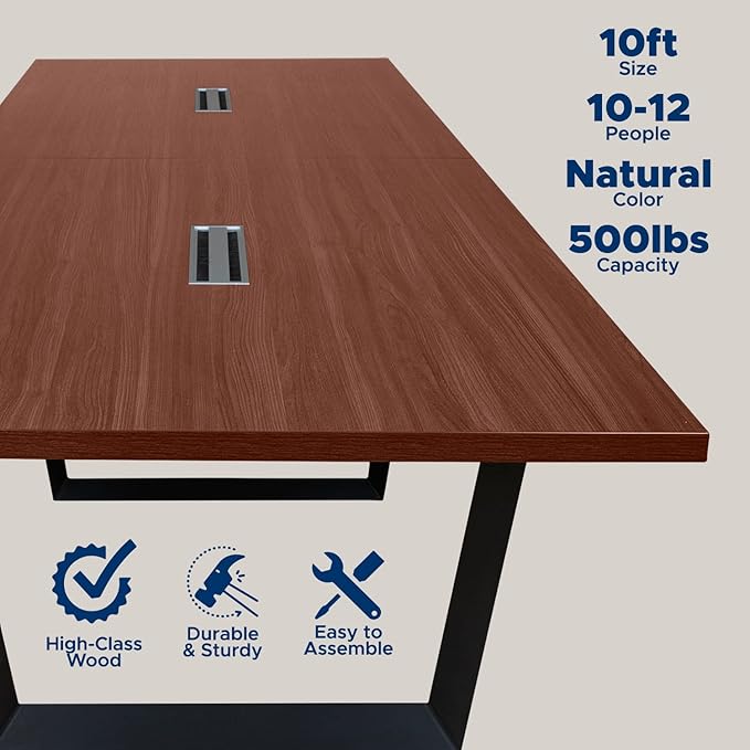 Sturdy Conference Table with Cable Management Grommets Modern Rectangle Office Meeting Table with Wood Tabletop and Metal Frame & Legs- Easy Assembly Boardroom Table (Mahogany, 10 Foot)