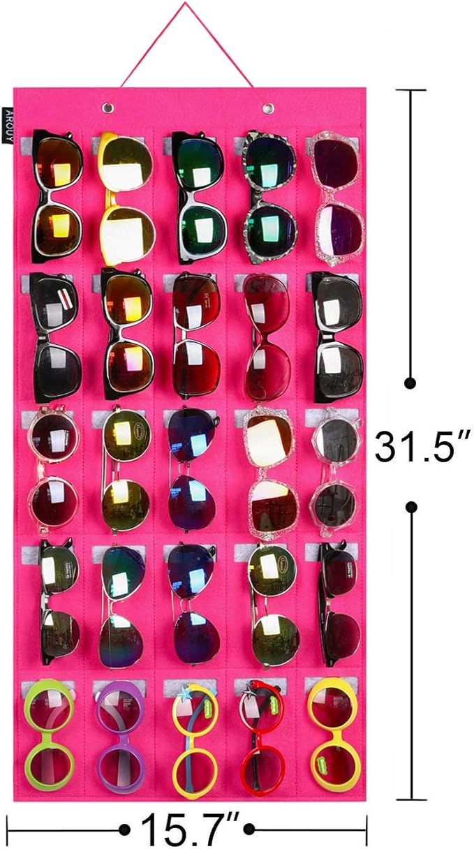 AROUY Sunglasses Organizer Storage, Hanging Wall Pocket Glasses Organizer - 25 Felt Slots Sunglass Organizers Holder Eyeglass Display with Sturdy Rope (Large, Rose)