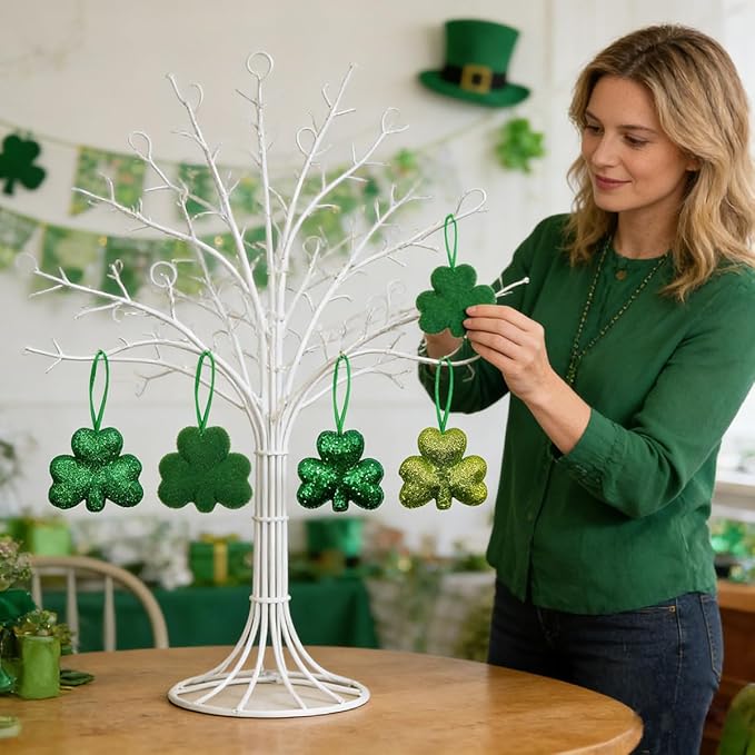 St Patrick's Day Shamrocks Hanging Ornaments, 24Pcs Green Shamrocks Hanging Ornament Luck Clover Bauble Decoration for Saint Patrick's Party Supplies Tiered Tray Table Crafts Decor