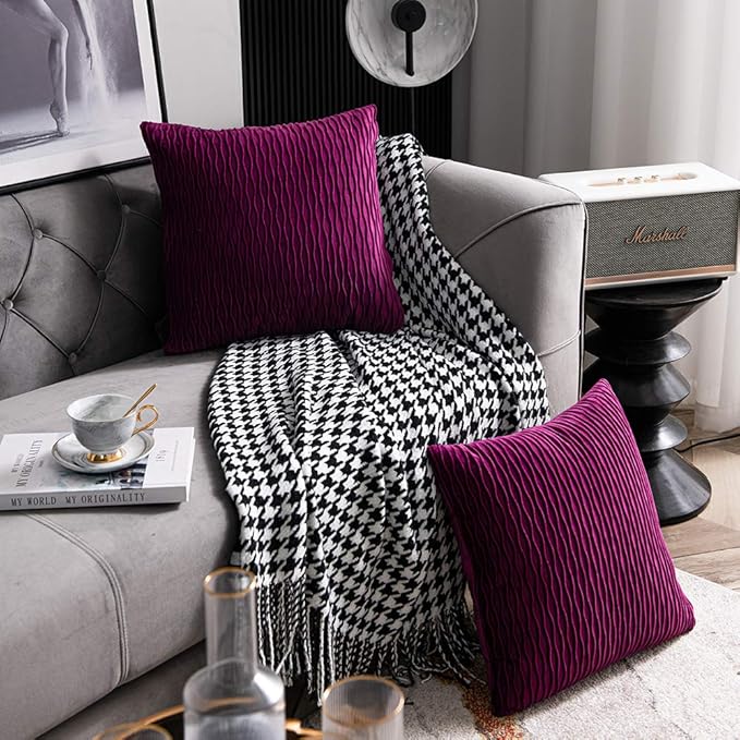 22x22 Purple Throw Pillow Cases: 2 Pack Original Striped Velvet Square Decorative Pillow Covers for Farmhouse Couch