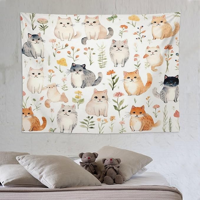 VUMIVI Cute Cat Tapestry Cartoon Pets Flowers Mushrooms Butterflies Watercolor Illustrations Tapestry Wall Hanging for Living Room Bedroom Dorm Classroom Aesthetic Decor W80xL60in