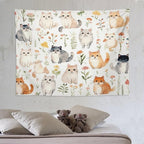 VUMIVI Cute Cat Tapestry Cartoon Pets Flowers Mushrooms Butterflies Watercolor Illustrations Tapestry Wall Hanging for Living Room Bedroom Dorm Classroom Aesthetic Decor W80xL60in