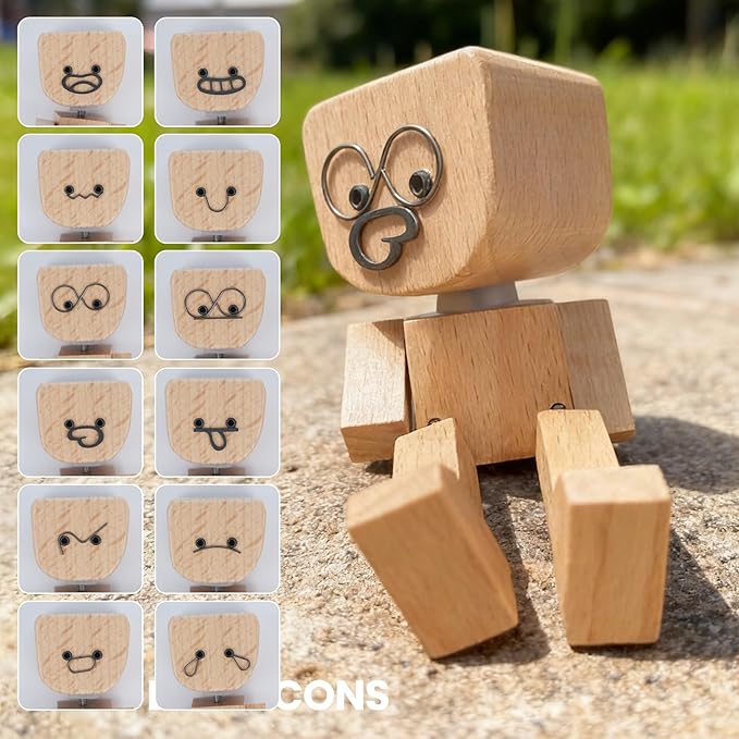 Foleto 2PCS Shaking Feet Wooden Doll for Car Dashboard with 12PCS Magnetic Expressions Handmade Shaking Wooden Man Figurine,Funny Wood Desk Decor for Home Office,Gift