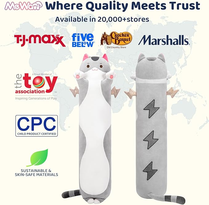 Mewaii Long Cat Plush 5 Sizes, 120% Extra Filling Giant Plushness Kids Body Pillow, Kawaii Cute Grey Cat Stuffed Animals Plushies, Big Long Body Pillow Plush Gift for Girls 28”