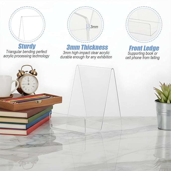 20 Pack Acrylic Book Display Stand, 4 Inch Clear Easel Stand, Thickened Transparent Book Tablet Holder for Displaying Books, Pictures, Tablets, CDs, Artworks, Newspaper, Magazines