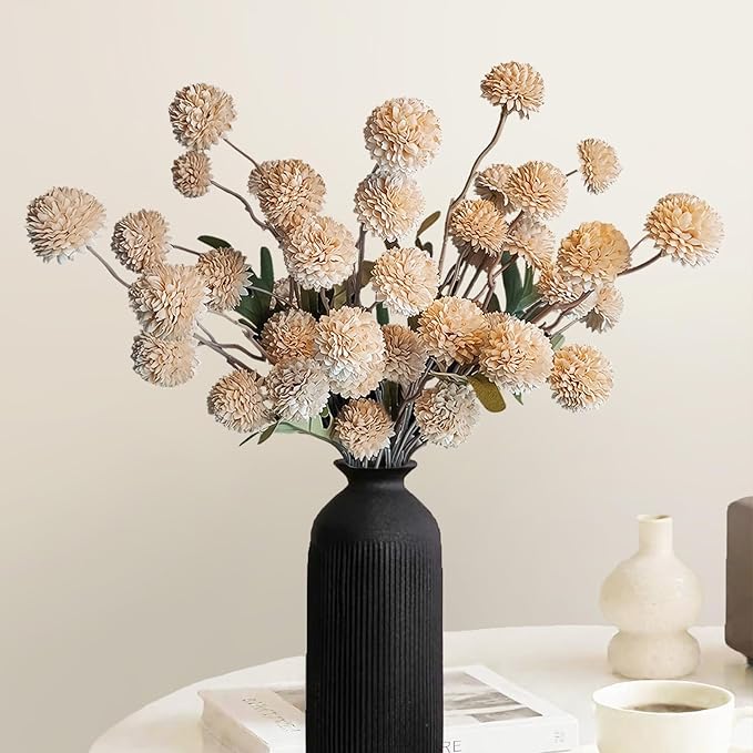 10 Pcs Fake Flowers, Artificial Mums with Long Stems, Beige Faux Pompon Mums Floral Arrangement, Champagne Plastic Flowers Silk Dried Flowers Home Decor, Fall Decorations for Home Vase(No Vase)