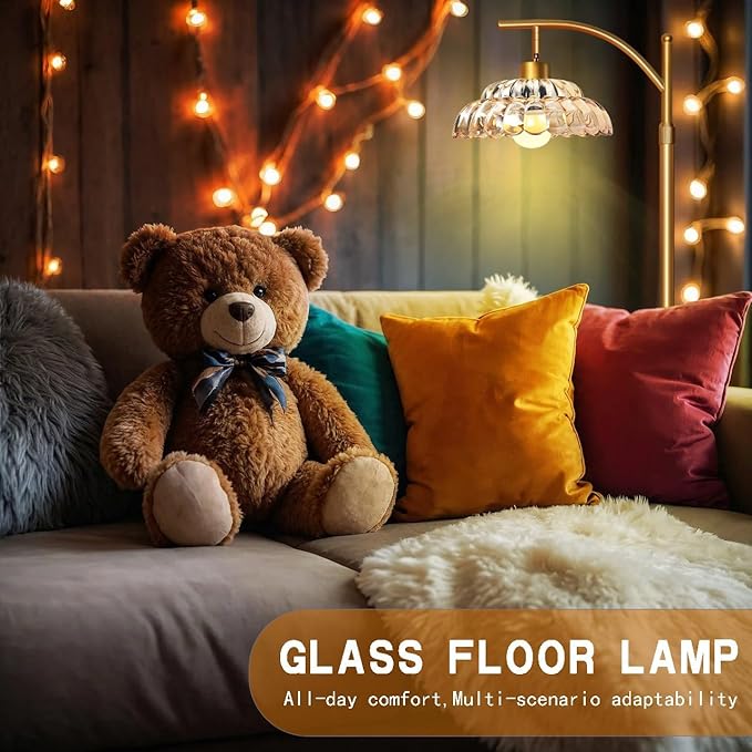 Floor Lamp with Amber Glass Shade, Dimmable Standing Lamp with Remote, Gold Floor Lamp for Living Room,Bedroom, Mid Century Tall Lamp with 12W LED Bulb