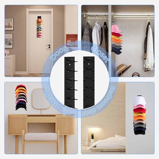 Hat Organizer for Baseball Caps, 2 Pack Black Hat Rack for Wall Hold up to 18 Hats Strong Adhesive Hat Hooks Stand Hat Hanger Organizer Storage Holder Display for Door Closet