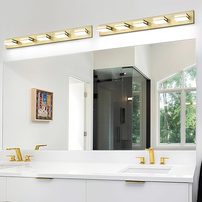 OKELI 5-Light Bathroom Vanity Light Gold Modern LED Vanity Light Over Mirror Dimmable Mirror Front Lamp with 350° Adjustable Lamp Head ETL Listed 32W 6000K Cold White