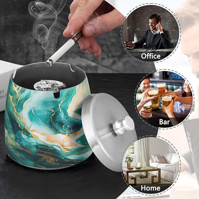 Green Gold Marble Textures Ashtray with Lid, Outdoor Ashtrays for Patio, Stainless Steel Ashtray Odorless Smokeless for Home Office Balcony