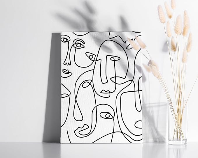 Abstract Face Pattern Wrapped Canvas Wall Art Collage of Modern Faces Continuous Line Drawing 12x16 Inch Gallery Stretched Modern Home Art Decor