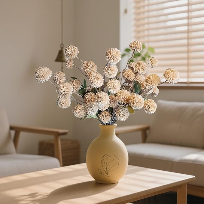10 Pcs Fake Flowers, Artificial Mums with Long Stems, Beige Faux Pompon Mums Floral Arrangement, Champagne Plastic Flowers Silk Dried Flowers Home Decor, Fall Decorations for Home Vase(No Vase)