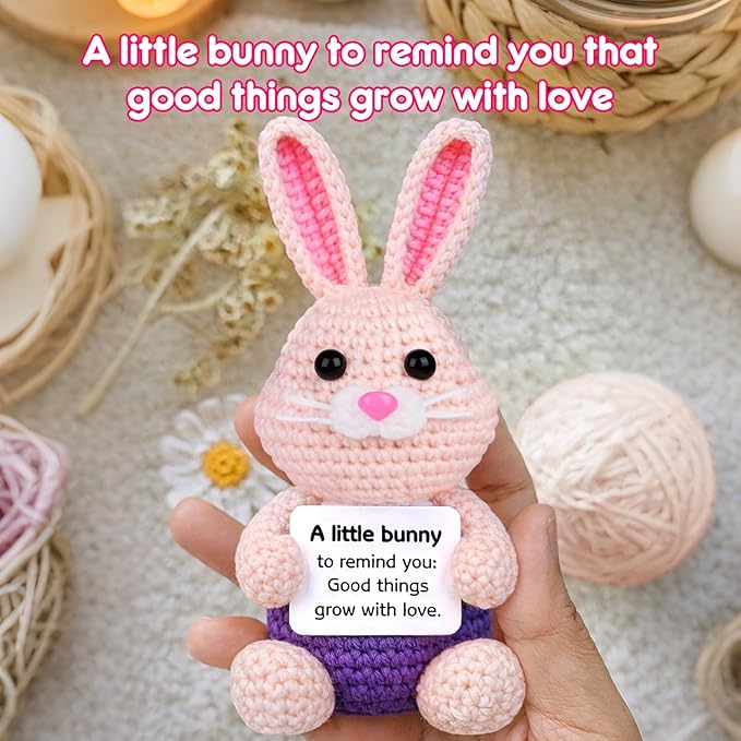 5 Pcs Finished Easter Positive Crochet Animals for Teen Girls & Adults Women, Handmade Filled Easter Basket with Crochet Bunny, Carrot, 2 Eggs, Easter Decoration Gifts Prefilled with Animal Stuffers