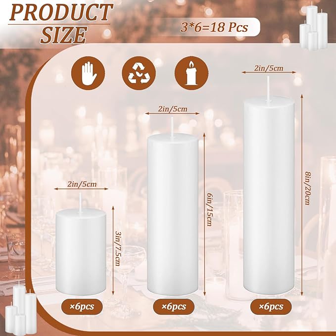 White Pillar Candles Bulk Set of 18，Hurricane Candles，3 Different Lengths 2 x 3/6/8 Inch (6 Each)，Dripless Unscented Smokeless，Gives You a Better Atmosphere When Organizing an Event Party.