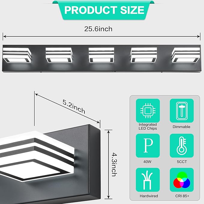 SOLFART LED Bathroom Lighting Fixtures - 5 Lights Modern Matte Black Acrylic Vanity Lights for Mirror 32inch 24W 5CCT
