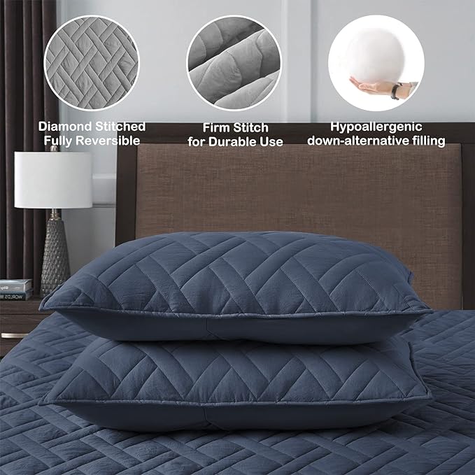 HORIMOTE HOME Quilt Set Twin Size Navy Blue, Classic Geometric Diamond Stitched Pattern, Ultra Soft Microfiber Lightweight Bedding Set Bedspread Coverlet for All Season with 1 Quilt 1 Pillow Sham